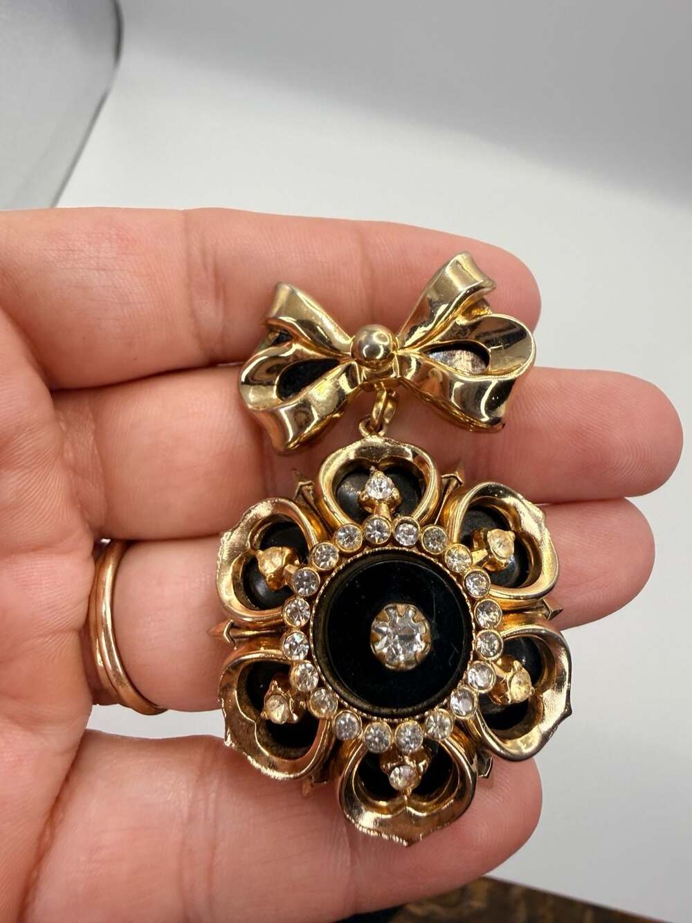 Coro Flower Bow Rhinestone Black Enamel Brooch Pin